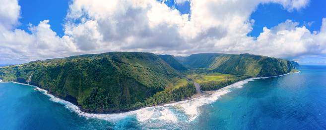 Waipio Bay y Valley Big Island Hawaii Aerial panorama photo