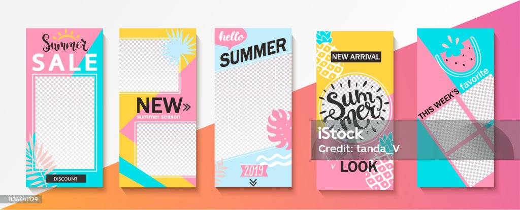 Set ot summer insta templates for stories and news Set ot summer insta templates for stories, sales and news. Backgrounds for your design, for social media landing page, website, mobile app and poster, flyer, coupon, gift card. Vector illustration. Summer stock vector