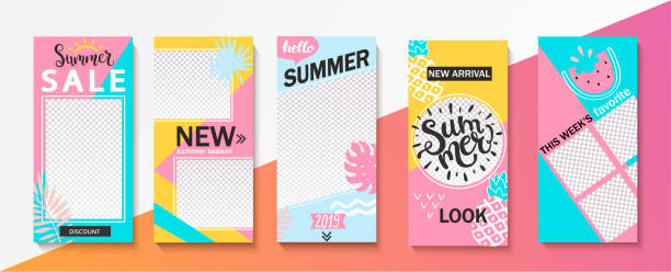 Set ot summer insta templates for stories and news Set ot summer insta templates for stories, sales and news. Backgrounds for your design, for social media landing page, website, mobile app and poster, flyer, coupon, gift card. Vector illustration. flyer template stock illustrations