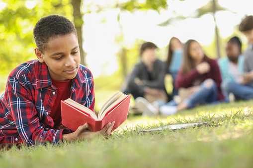 Pre-teenage and teenage group of boys and girls studying, hanging out together in local park or school campus with friends.  African descent boy foreground reading a book.