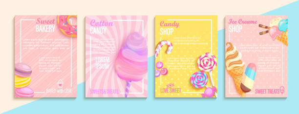 Set of bakery,candy,cotton candy,ice cream flyers Set of bakery,candy,cotton candy,ice cream flyers,banners.Collection of pages for kids menu,caffee,posters.Macaroons,donuts, lollipop shop cards, cafeteris advertise.Template vector illustration. candy stock illustrations