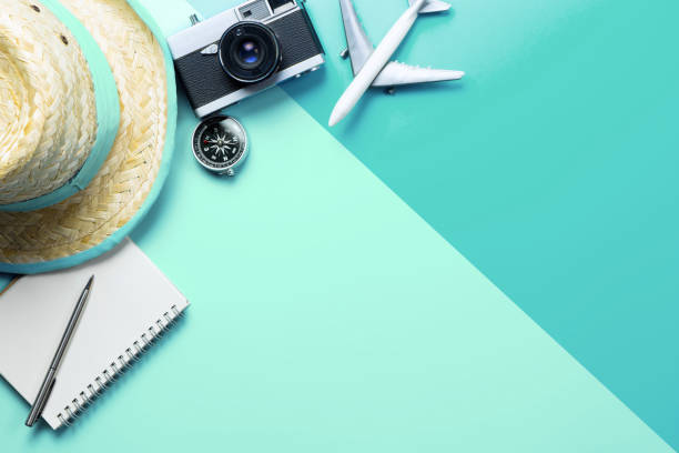 istock Summer Travel accessories on green background copy space 1136642286
