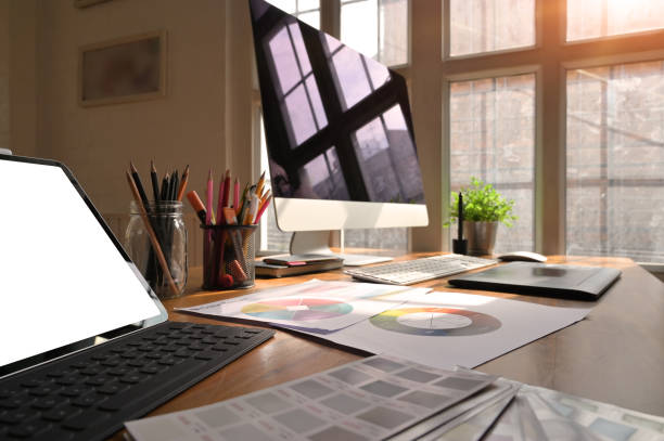istock Creative workspace computer and tablet with colour space on artist desk. 1136642703