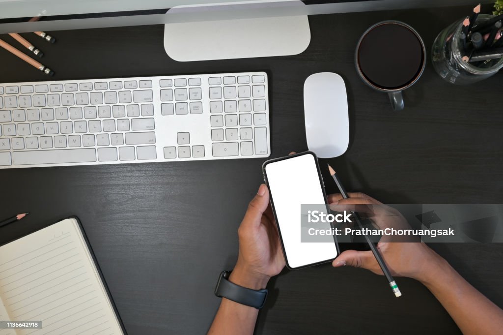 Desktop Computer Mobile Phone Top View Creative Stylish Hands Holding Blank Screen Mobile Phone While ...