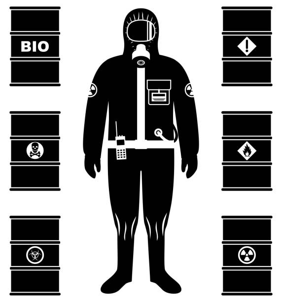 산업 개념입니다. 보호용 양복에 노동자의 검은 실루엣. 석유, 바이오 연료, 폭발성, 화학적, 방사성 독성, 위험, 인화성 및 유독 물질에 대 한 금속 배럴. - radiation protection suit biology danger biochemical warfare stock illustrations