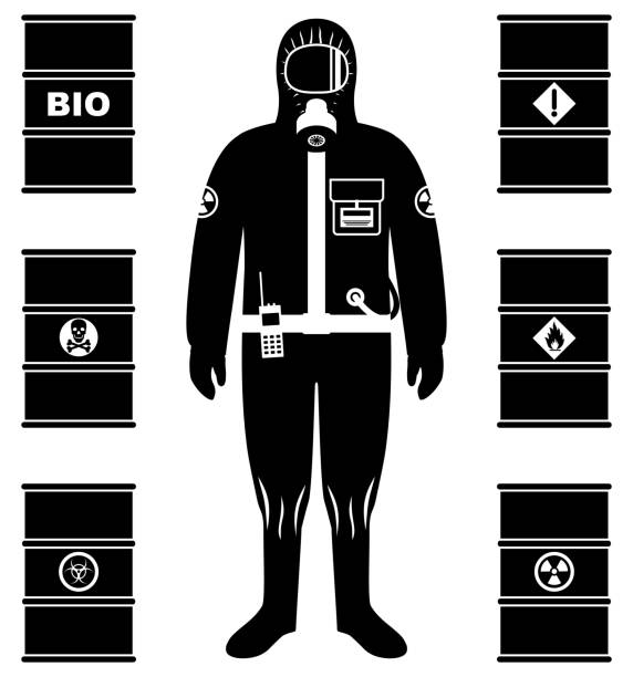 koncepcja branżowa. czarna sylwetka pracownika w kombinezonie ochronnym. metalowe beczki na ropę naftową, biopaliwo, materiały wybuchowe, chemiczne, radioaktywne, toksyczne, niebezpieczne, niebezpieczne, łatwopalne i trujące. - radiation protection suit biology danger biochemical warfare stock illustrations