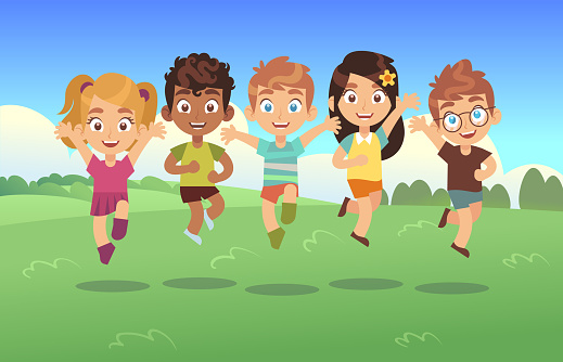 Happy Jumping Kids Children Holiday Cartoon Panorama Childrens Summer  Meadow Park Teenagers Jump Together Background Stock Illustration -  Download Image Now - iStock