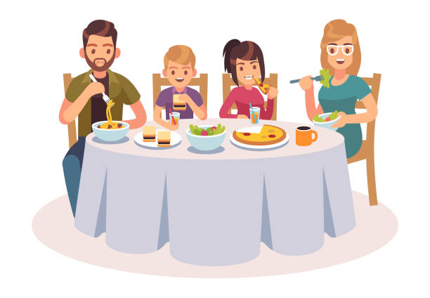 Family eating table. Happy people eat food dinner parents kids father mother daughter drink lunch talking illustration Family eating table. Happy people eat food dinner parents kids father mother daughter son drink lunch talking flat vector illustration day drinking stock illustrations