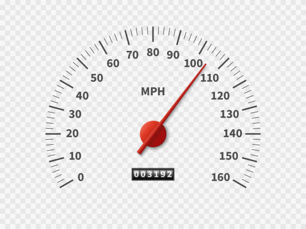 Realistic speedometer. Car odometer speed counter dial meter rpm motor miles measuring scale white engine meter concept Realistic speedometer. Car odometer speed counter dial meter rpm motor miles measuring scale white engine meter vector racing concept speedometer stock illustrations