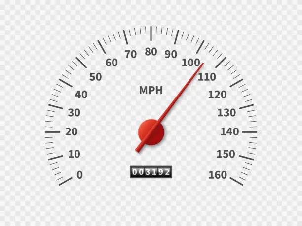 Vector illustration of Realistic speedometer. Car odometer speed counter dial meter rpm motor miles measuring scale white engine meter concept