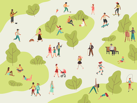 People park. Active walk outdoors woman man girl children picnic sport talking community character leisure lunch in park flat illustration