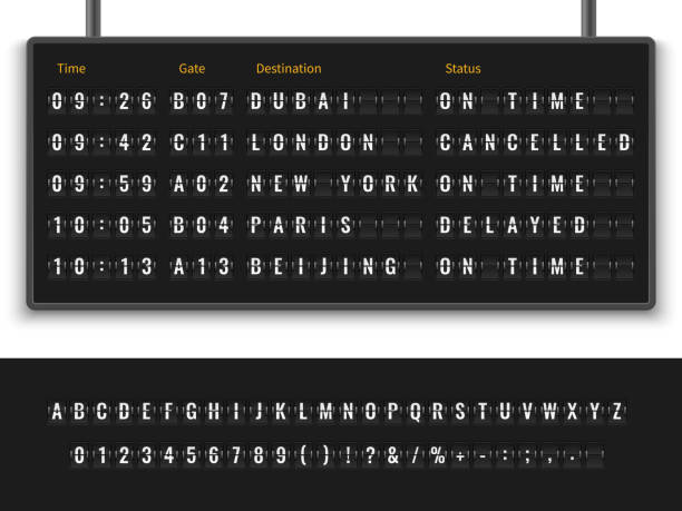 illustrazioni stock, clip art, cartoni animati e icone di tendenza di capovolgere il tipo di carattere. aeroporto bordo di volo info panel partenza aereo aereo aereo alfabeto arrivare terminal banner illustrazione vettoriale - delayed