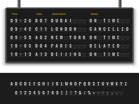 Airport board. Font alphabet info panel arrival departure display timetable destination flight terminal, realistic vector illustration