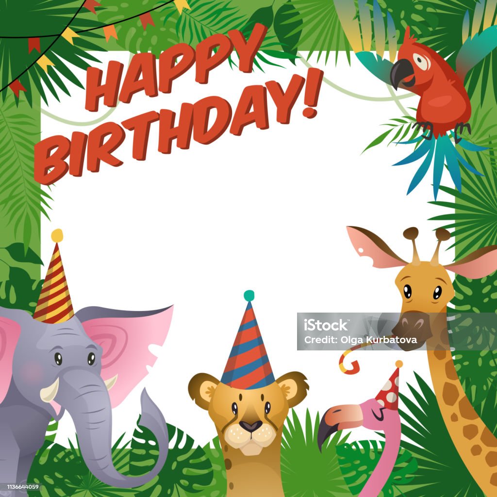 Jungle Animals Party Card Happy Birthday Baby Shower Greeting Tropical Zoo  Celebrate Kids Invitation Template Stock Illustration - Download Image Now  - iStock