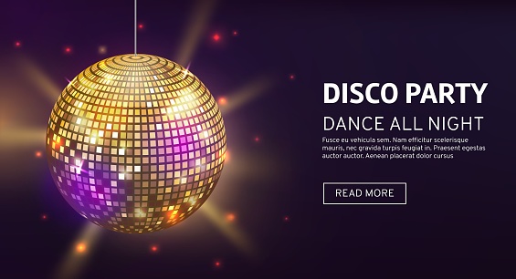 Disco banner. Mirrorball party disco ball invitation card celebration fashion partying poster template dance club vector illustration