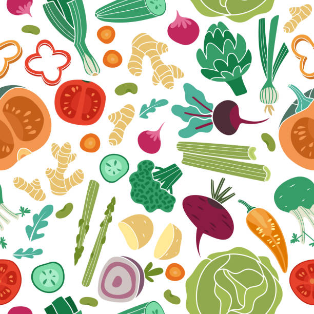 Vegetables seamless pattern. Vegan healthy meal organic food delicious fresh vegetable abstract vector texture Vegetables seamless pattern. Vegan healthy meal organic food delicious fresh vegetable abstract vector texture design ingredient illustrations stock illustrations