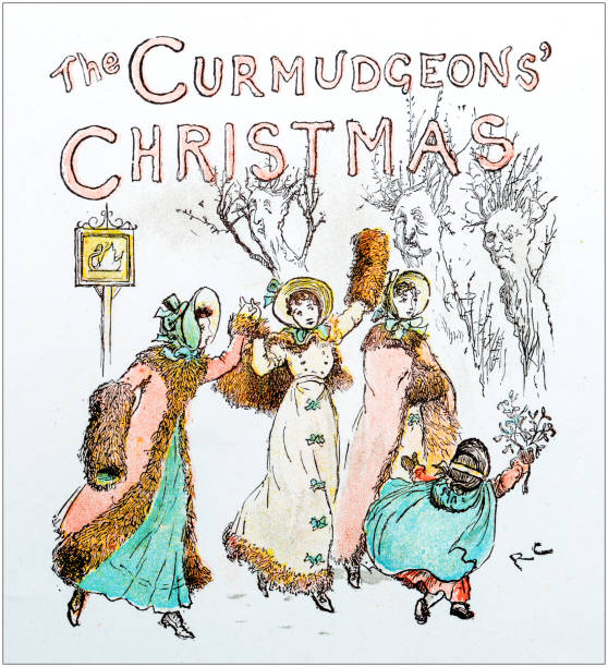 античная цветная иллюстрация рэндольфа калдекотта curmudgeons рождество - randolph caldecott stock illustrations