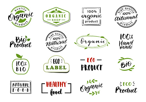 Hand drawn lettering and calligraphy for natural product logos, labels and icons. Collection of organic and bio elements.