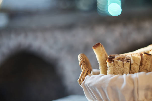 Beautiful Wicker Bread Basket With Sliced Bread At Sunset