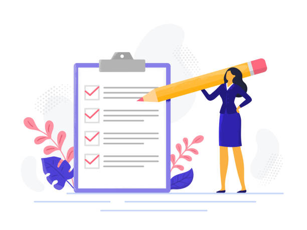 Businesswoman checklist. Successful woman checking task success, completed business tasks. Check mark list vector illustration Businesswoman checklist. Successful woman checking task success, completed business tasks. Check mark list, office organization briefings or questionnaire checkbox vector illustration person writing on notepad stock illustrations