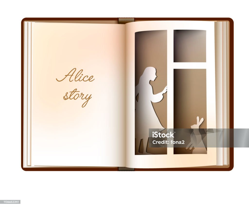 Alice story idea, reading and imagination concept, vintage empty book page looks like window with girl silhouette and rabbit, vector Alice in Wonderland - Fictional Character stock vector