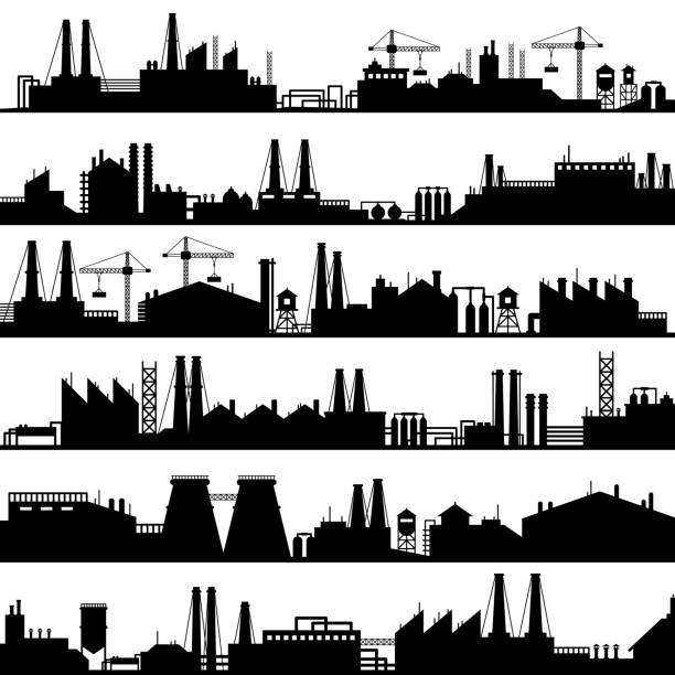 Factory construction silhouette. Industrial factories, refinery panorama and manufacture buildings skyline vector illustration set Factory construction silhouette. Industrial factories, refinery panorama and manufacture buildings skyline. Manufacturing industry, oil plant or environment refineries vector illustration set refinery stock illustrations