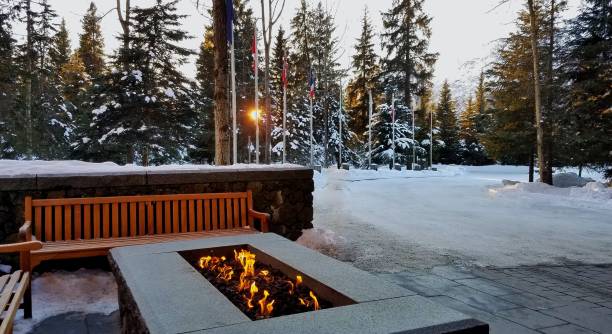 Rectangular Fire Pit Outdoors in a Snowy Environment stock photo