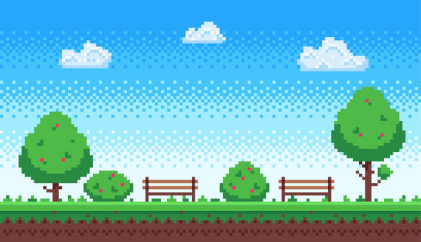 ilustraciones, imágenes clip art, dibujos animados e iconos de stock de parque de pixeles. retro 8 bits juego cielo azul, píxeles árboles y parques de la ilustración vectorial de banco - meadow summer backgrounds panoramic