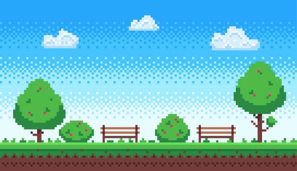 illustrations, cliparts, dessins animés et icônes de parc de pixel. rétro 8 bit jeu bleu ciel, pixel arbres et parcs banc illustration vecteur - grass sky cloudscape meadow