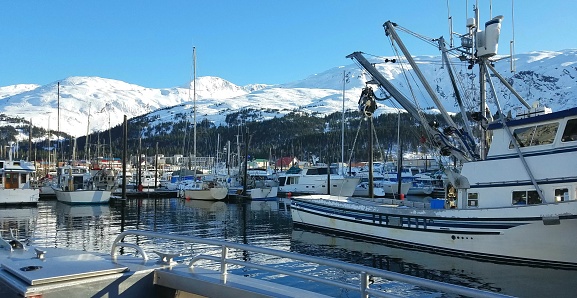Boats dot the scene with snow covered mountain range in the distance.