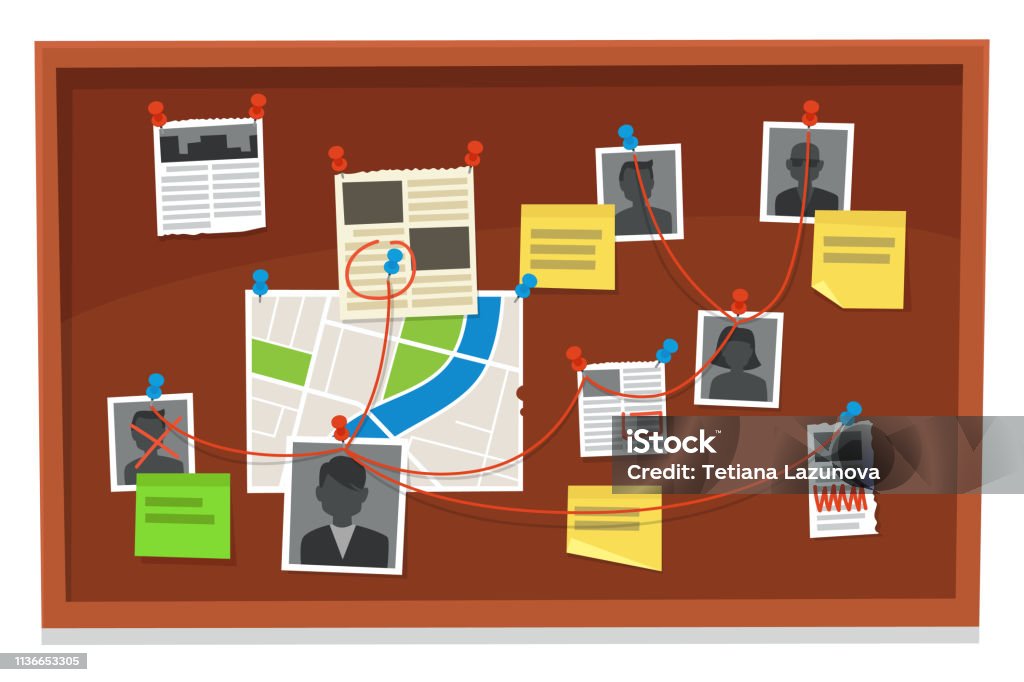 Detective board. Crime evidence connections chart, pinned newspaper and police photos. Investigation evidences vector illustration Detective board. Crime evidence connections chart, pinned newspaper and police photos. Investigation evidences, police investigators law evidence board, detectives research scheme vector illustration Chalkboard - Visual Aid stock vector