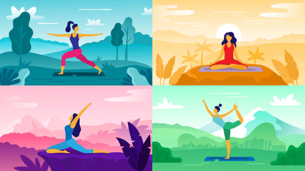 Yoga exercise on nature. Relax outdoors exercises, healthcare fitness and healthy lifestyle. Yoga poses flat vector illustration set Yoga exercise on nature. Relax outdoors exercises, healthcare fitness and healthy lifestyle. Yoga poses, meditation aerobics positions or exercise therapy flat vector illustration set girl silouette forest illustration stock illustrations