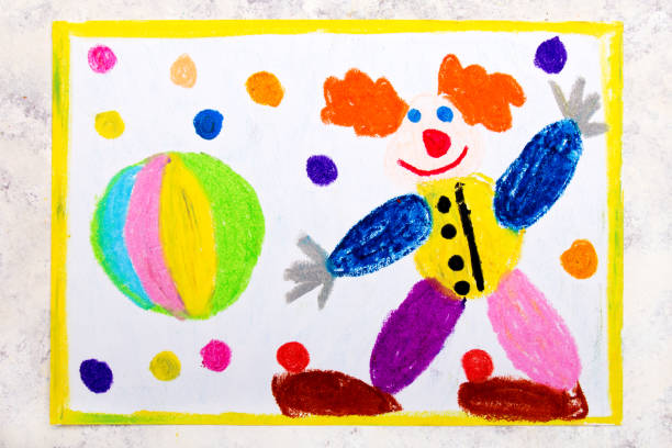 Colorful hand drawing: Friendly smiling clown and rainbow ball