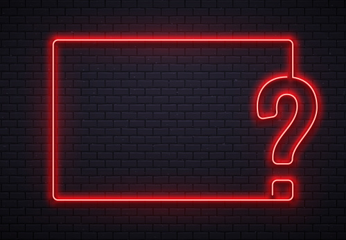 Neon question mark frame. Quiz lighting, interrogation point red neon lamp on bricks wall texture background. Question game show or quiz competition 3d vector illustration