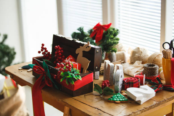 istock Christmas decoration on wooden table 1136655162