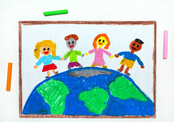 Colorful drawing: International children of the world. Children standing on  planet earth Colorful drawing: International children of the world. Children standing on planet earth crayon drawing photos stock pictures, royalty-free photos & images