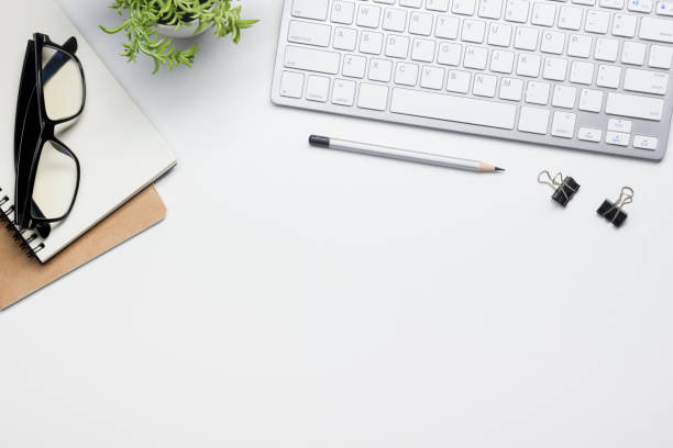 istock Office desk table with supplies. Flat lay Business workplace and objects. Top view. Copy space for text 1136656696