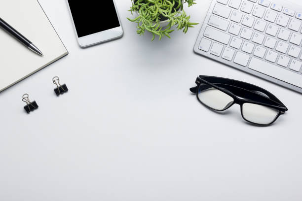 istock Office desk table with supplies. Flat lay Business workplace and objects. Top view. Copy space for text 1136656889
