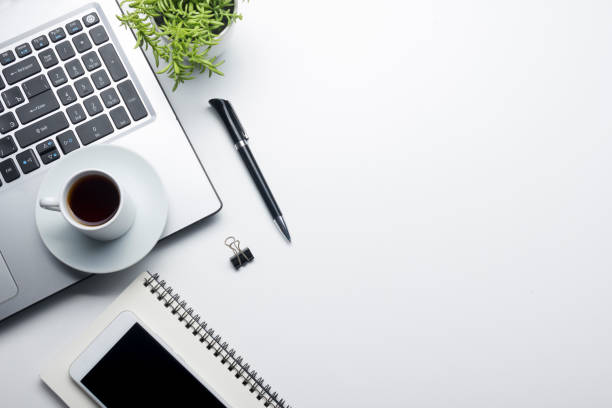 istock Office desk table with supplies. Flat lay Business workplace and objects. Top view. Copy space for text 1136656911