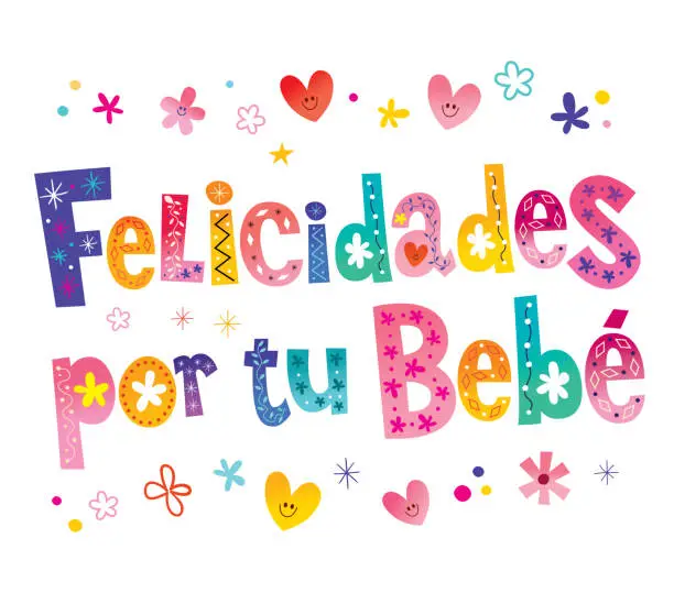 Vector illustration of Felicidades por tu bebe - Congratulations on your baby in Spanish, greeting card