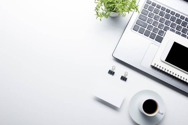 istock Office desk table with supplies. Flat lay Business workplace and objects. Top view. Copy space for text 1136656914