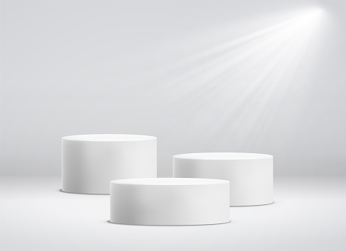 White cylinder template. 3d base stand podium or studio pedestal round platform showroom illustration