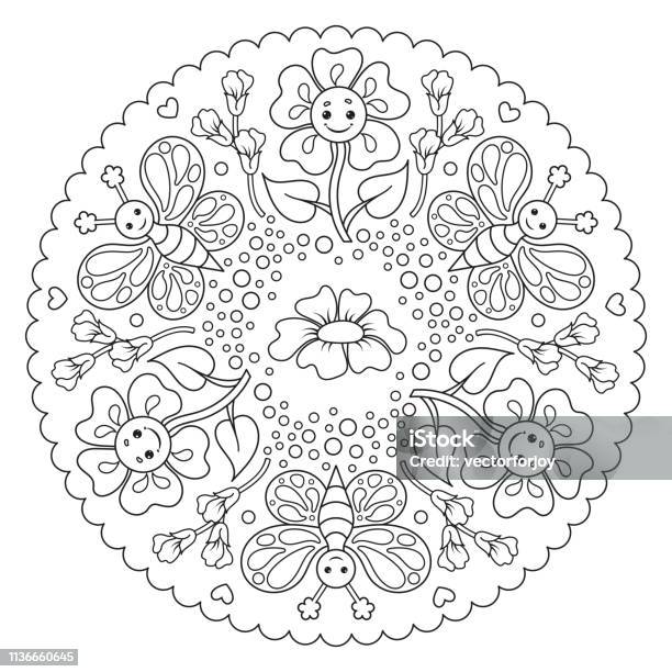 Coloring Page Mandala For Kids With Flower And Butterfly Vector Illustration Stock Illustration - Download Image Now