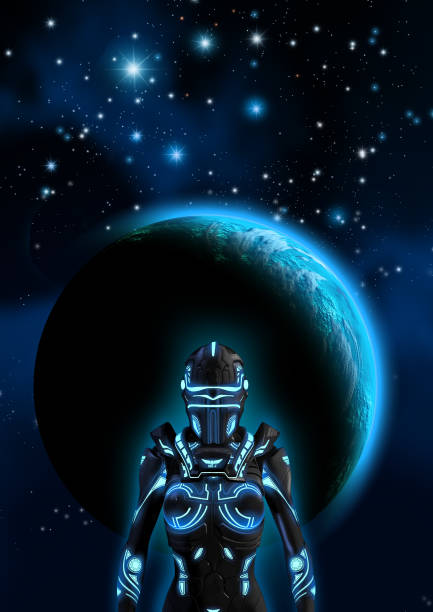 istock Robotic warrior, in the background a planet with nebula and stars, 3d illustration 1136661228