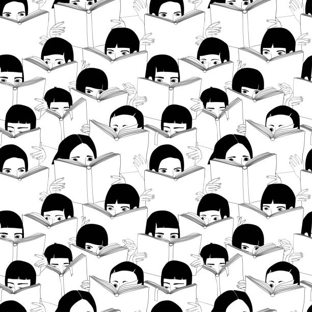 people reading a book, black and white, graphic illustration seamless vector pattern with a crowd of people reading a book, black and white, graphic illustration curiosity illustrations stock illustrations