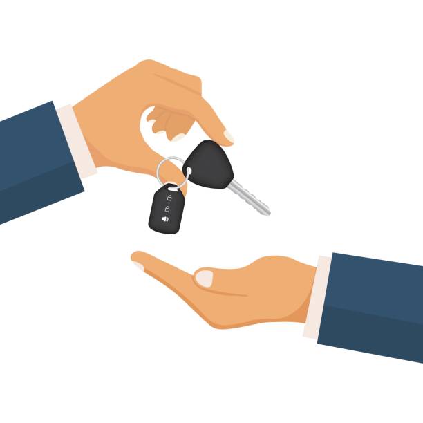 Give the car key concept. Take auto key. Rent, buy a hehicle. Vector illustration in flat design. Give the car key concept. Take auto key. Rent, buy a hehicle. Vector illustration in flat design. borrowing stock illustrations
