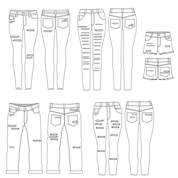 Vector template for denim Jeans Vector templates for a variety of full length distressed denim jeans and shorts hole in pants stock illustrations