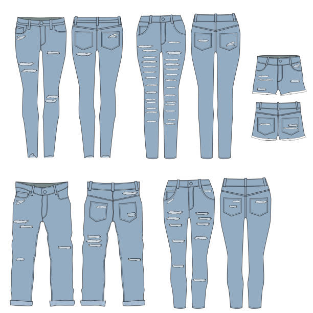 Vector template for denim Jeans Vector templates for a variety of full length distressed denim jeans and shorts hole in pants stock illustrations