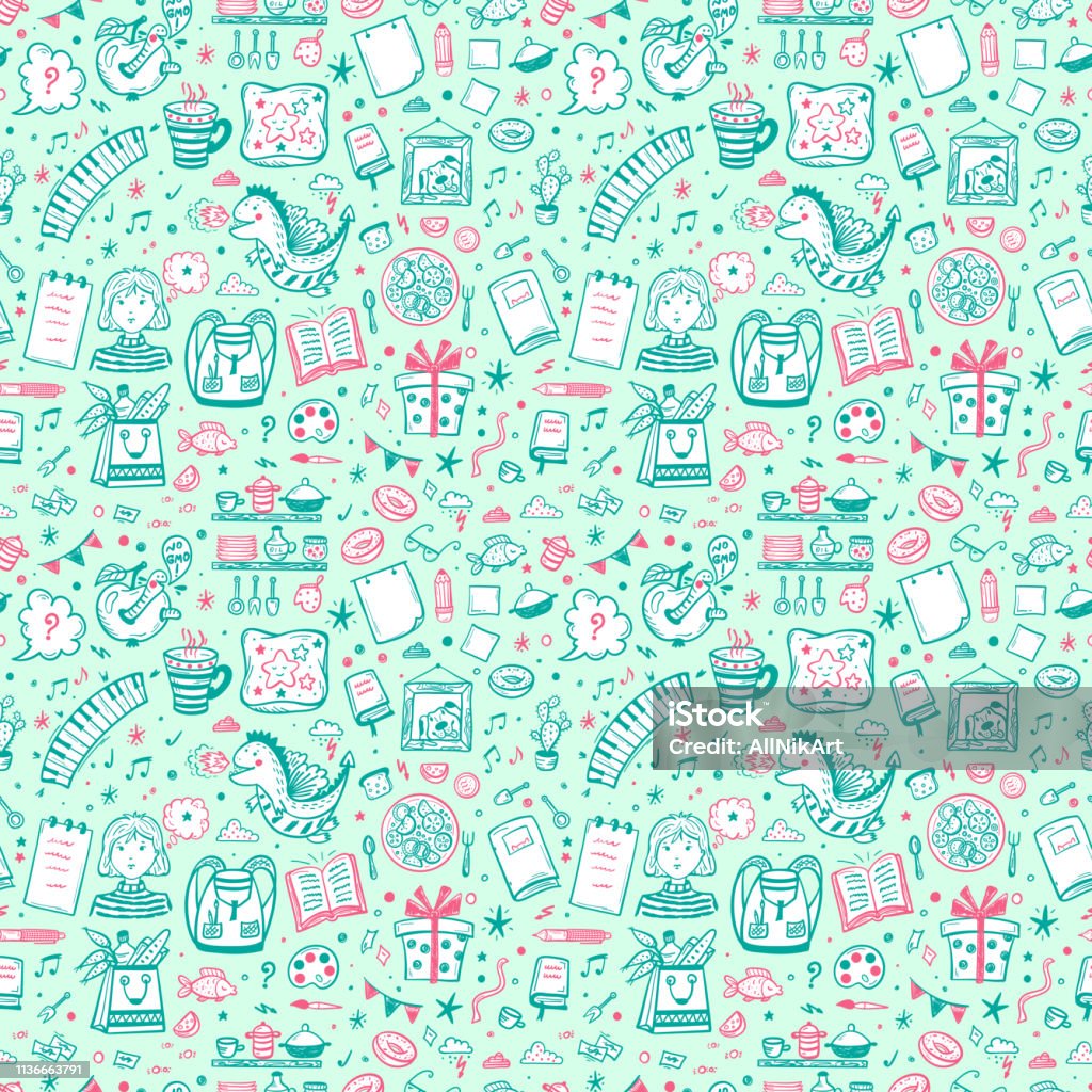 Childhood Vector Background Seamless Pattern With Hand Drawn Doodle Various  Item Icons For Kids Back To School Wallpaper Stock Illustration - Download  Image Now - iStock