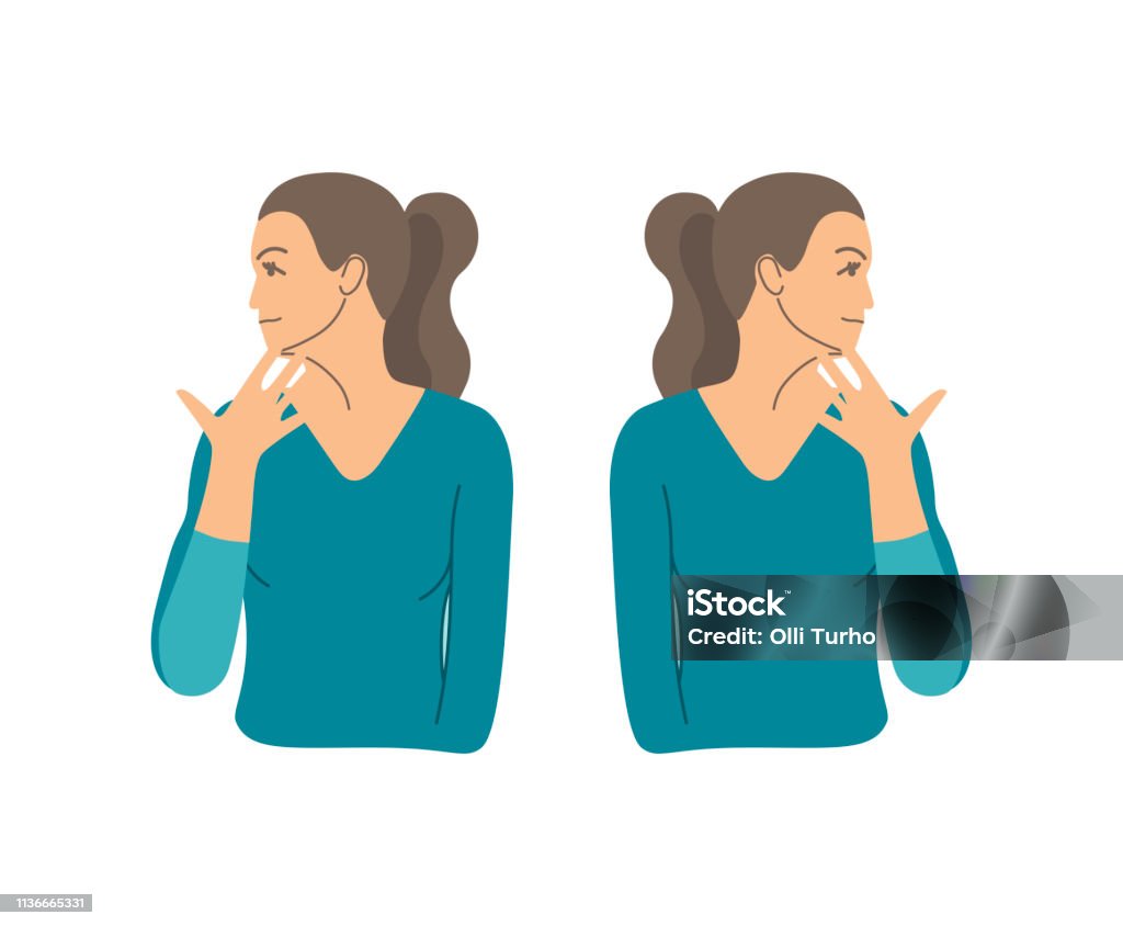 Vector colorful illustration. Neck exercises by girl for relax. Turn head to the shoulder and fix it by hand. Then to other side. Vector colorful illustration. Neck exercises by girl for relax. Turn head to the shoulder and fix it by hand. Then to other side. Creative concept. Blue and grey colors. White background Neck stock vector